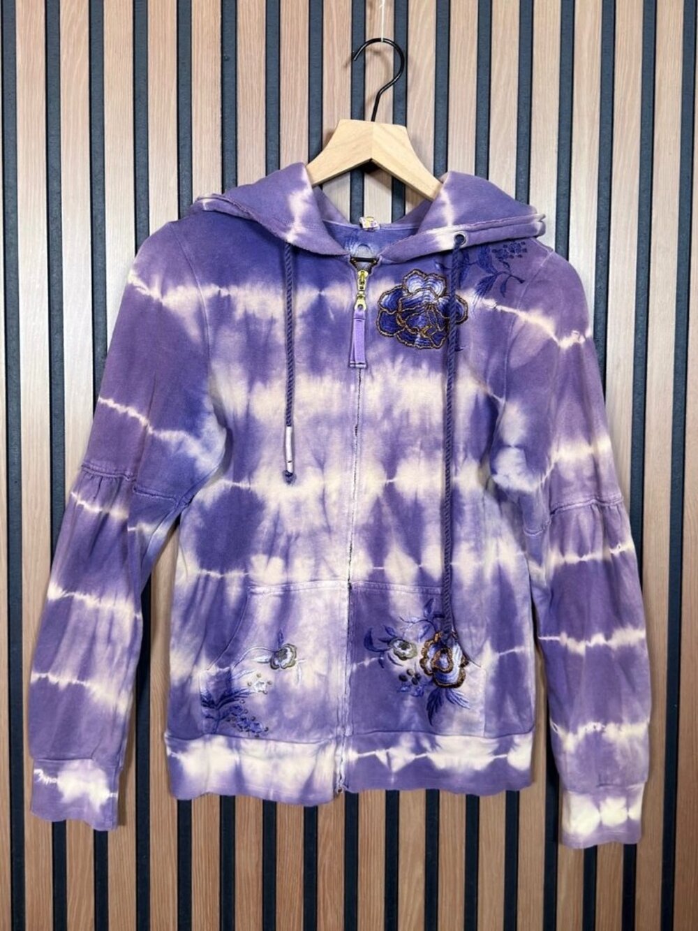 Free People Sweater Small Women’s Purple Tie Dye Embroidered Full Zip Fleece